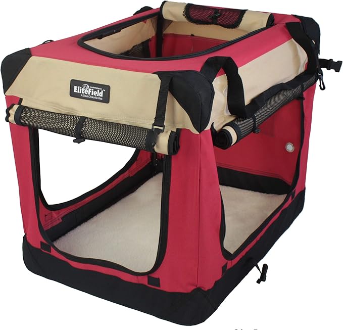 EliteField 4-Door Folding Soft Dog Crate with Curtains, Carrying Bag and Fleece Bed (2 Year Warranty), Indoor & Outdoor Pet Home (20" L x 14" W x 14" H, Red+Beige)