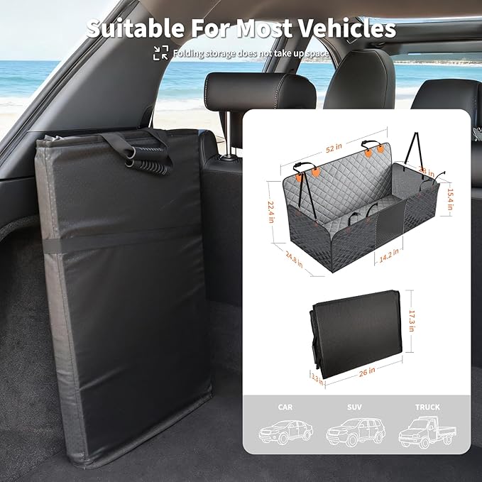 HOTEAGLE Car seat Cover for 2 Dogs, 100% Waterproof Scratch Proof Nonslip Dog car seat Cover for Back seat, Dog Hammock for car Hard Bottom Holds 400lbs, Standard（ Grey）