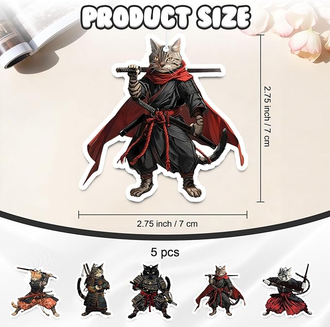 Samurai Cat Car Air Fresheners,5-Pack Cologne Scents Cute Car Accessories,Funny Hanging Ornament Decor for Rearview Mirror,Long-Lasting Fresh Gifts for Women,Girls,Cat Lovers