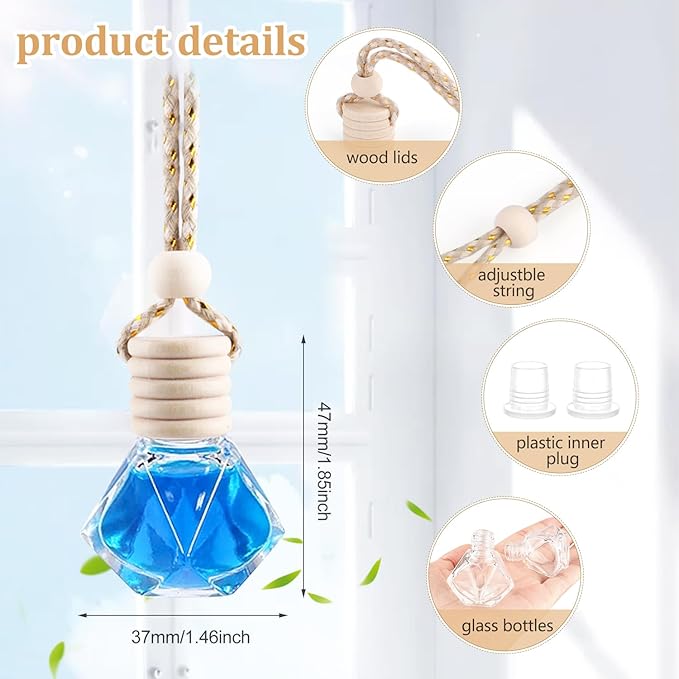 50 Pack Set Car Hanging Air Freshener Bottles Empty Car Essential Oil Diffuser Bottles Pendant Glass Perfume Bottles Aromatherapy Fragrance Bottle Auto Ornaments Decor