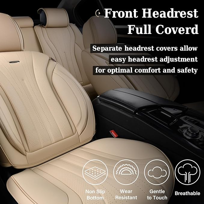 Coverado Car Seat Covers, Front Seat Covers for Cars, 2 Pack Beige Leather Seat Covers, Universal Seat Covers Front Seat, Automotive Seat Covers Waterproof Car Seat Protector Fit for Most Vehicles