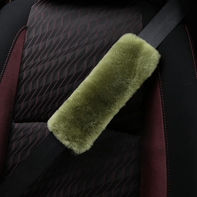 Soft & Cozy Australian Sheepskin Car Seat Belt Covers,2 Pack Fluffy Seatbelt Pads, Genunie Sheepskin Fur Shoulder Straps Cushions for Adults Kids Women and Men (Pea Green)