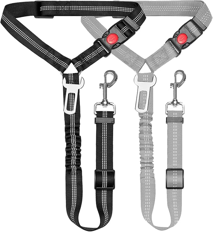 Removable Dog Seat Belt Harness for Car, 3 in 1 Pet Car Seatbelt Leash, Retractable Restraint Secures to Vehicle Headrest & Adjustable Reflective Dog Seatbelt Tether (Grey&Black, 2pcs)
