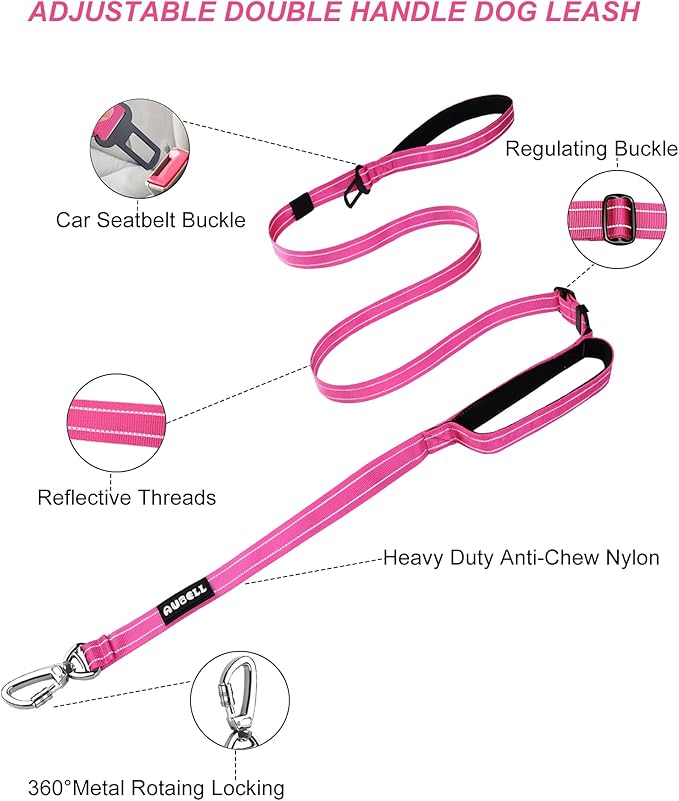 AUBELL Double Handle Tactical Dog Leash Heavy Duty for Small and Medium Large Dogs,Reflective Adjustable Nylon Leash that Pull with Car Seatbelt for Training,4.5-6FT,Pink