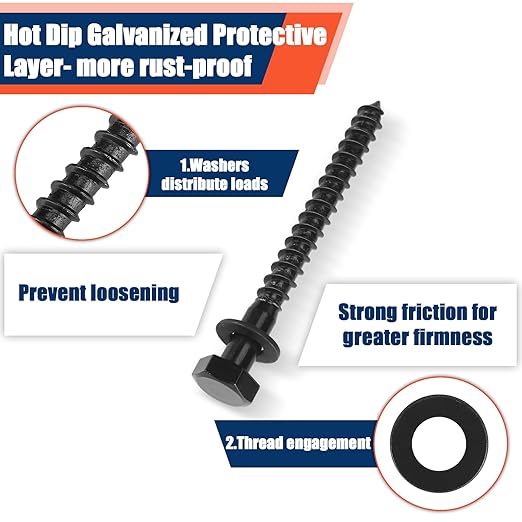 Tandefio 50 Pack 3/8''x 4'' Ceramic Black Lag Screw Kit with Washers Hex Lag Bolts Wood Screws Heavy Duty Ruspert Coating Hot Dip Galvanized Double Layer for Wood Decks Fences