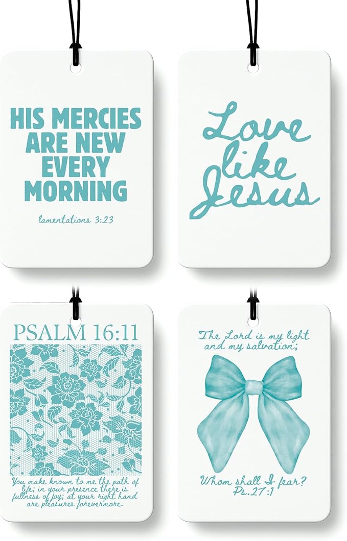 Cyan Christian Car Air Freshener 4 Pcs, Girly Pink Bow Floral Religious Hanging Air Freshener for Cars Closet Drawer Books, Cute Preppy Christian Car Accessories Mirror Decor for Women