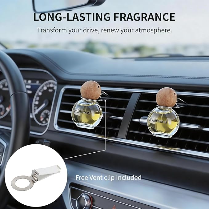 Car Air Freshener Hanging 2 Pack, Sandalwood Scent Essential Oil Diffuser Long Lasting Up to 150 Days, Cute Car Accessories with 2 Vent Clip for Women Men Gift, Odor Eliminator