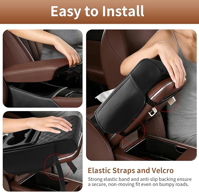 5-in-1 Car Armrest Cushion, Multifunctional PVC Leather Center Console Armrest Pillow Elbow, Universal Arm Box Pad Cover with Cup Holder, Phone Slot, Tissue Box Slot & 2 Storage Bags, Black