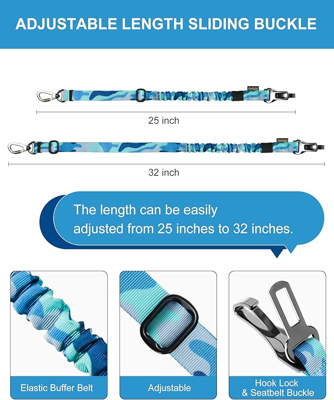 Hotsky Dog Seat Belt, Adjustable Safety Seatbelt 3-in-1 Car Harness for Dogs in Car Nylon Elastic Bungee Buffer Tether with Clip Hook Latch Buckle Swivel Zinc Alloy Carabiner(Blue Camo)