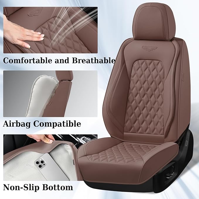 Coverado Full Set Car Seat Covers, Brown Leather Seat Protectors for Cars, Waterproof Luxury Front & Back Car Seat Covers, Universal Fit for Most Cars-Brown
