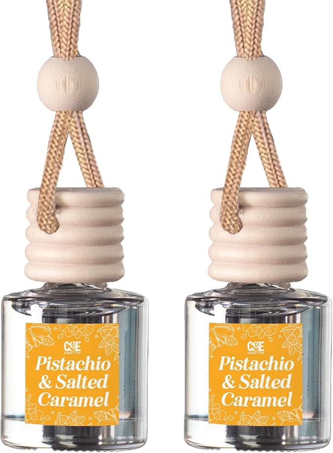 C&E Craft Co Hanging Car Air Freshener Diffuser 2 Pack, Long Lasting Fragrance Oil Car Freshener, Glass Bottle Auto Air Freshener, Made in USA (Pistachio & Salted Caramel)