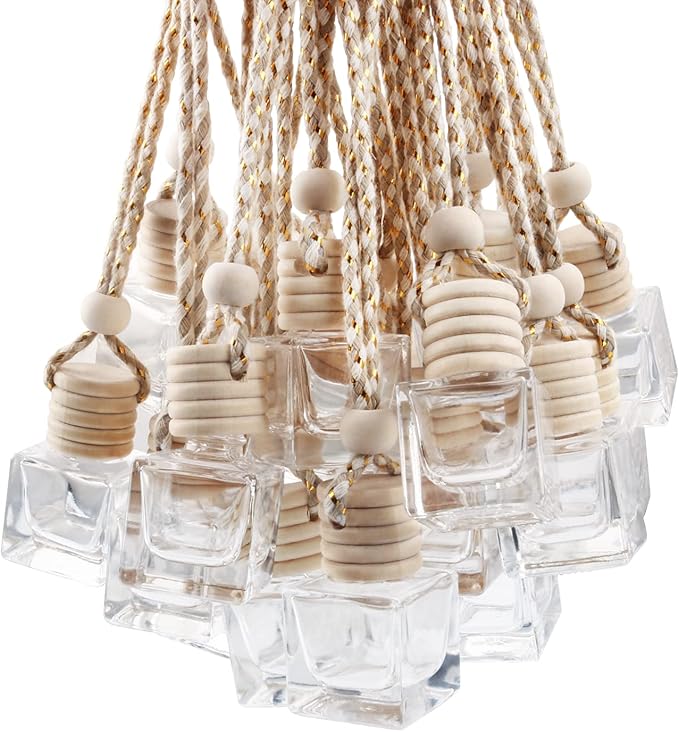 20 Pcs Car Air Freshener Diffuser, Empty Refillable Clear Square Glass Essential Oil Hanging Decor Aromatherapy Fragrance Pendant Vials With Wooden Caps & String