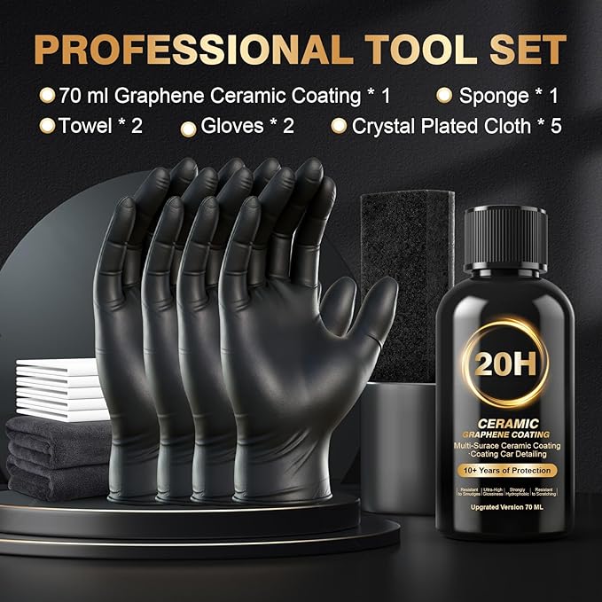 20H Professional Graphene Ceramic Coating for Cars: Car Detailing Kit, 10+ Years Protection, Hydrophobic, Scratches & UV Resistant, High Gloss Finish, Easy Application, 70 ml