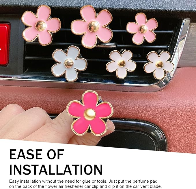 6PCS Daisy Flower Air Vent Clip, Cute Car Air Fresheners Clips, Refillable Auto Air Conditioning Outlet Clips Diffuser, Air Vents Decorations for Women and Girl (Rose Red, White, Pink)