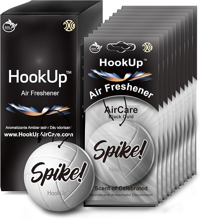 Volleyball Car Air Freshener by HookUp - 10 Pack - Black Gold Scent (Extra Strong) | Unique Volleyball Gift for Players, Coach, Fans | Hanging Car Accessory with Long Lasting Fresheners Smell