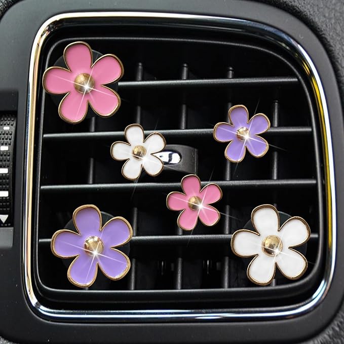 Daisy Air Vent Clips, 6 Pcs Cute Flower Car AC Outlet Clip, Colorful Interior Charm Decor (Pink, Purple, White)