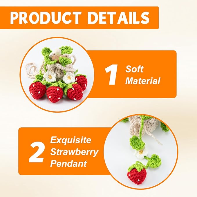 Crochet Plant Car Air Freshener, Cute Car Rearview Mirror Decor Hanging Ornament, Strawberry Knitted Handmade Auto Interior Accessories for Women (Strawberry)