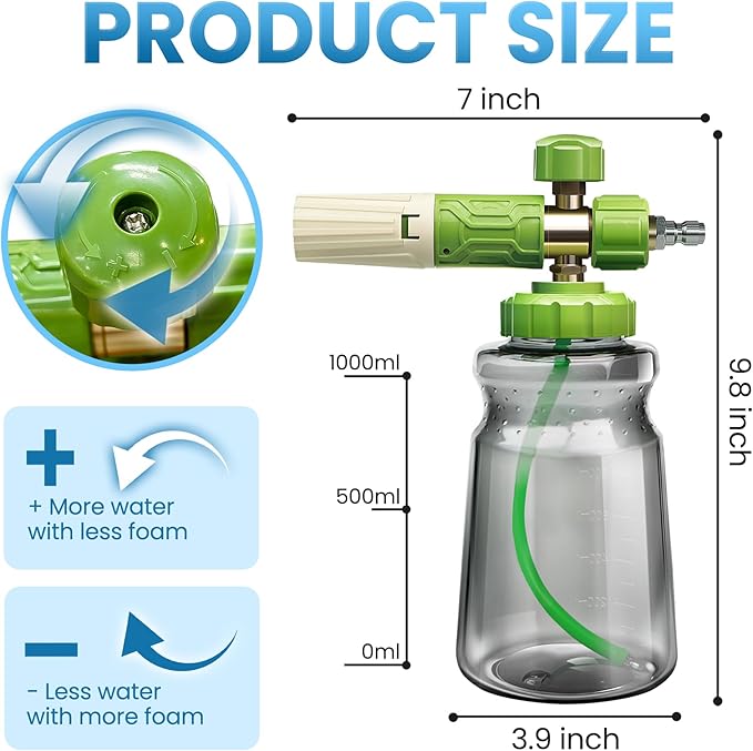 LanAqua Foam Cannon for Pressure Washer, Upgraded Wide Mouth Snow Foam Cannon for Car Wash, Adjustable Thick Portable Car Wash Sprayer with 1/4" Quick Connector, Additional 1.1 mm Orifice Nozzle