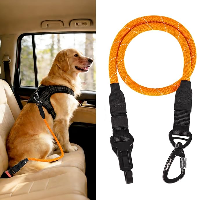 PetBonus Dog Seat Belt for Car, Durable Rope Dog Car Harness Seatbelt for Vehicle, Pet Tether Safety Restraint with Heavy Duty Buckle Hook Latch Lockable Clip for Small Medium Large Breeds (Orange)