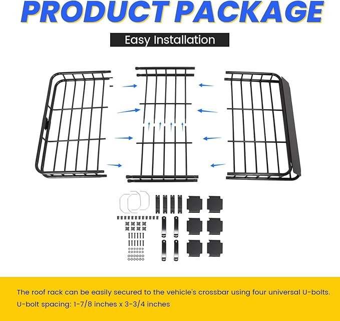 ECOTRIC 59" x 39" x 5.1" Universal Adjustable Roof Rack Cargo Carrier Basket with Extension Heavy Duty Steel Car SUV Top Luggage Storage Holder Basket for Travel 250LBS Weight Capacity