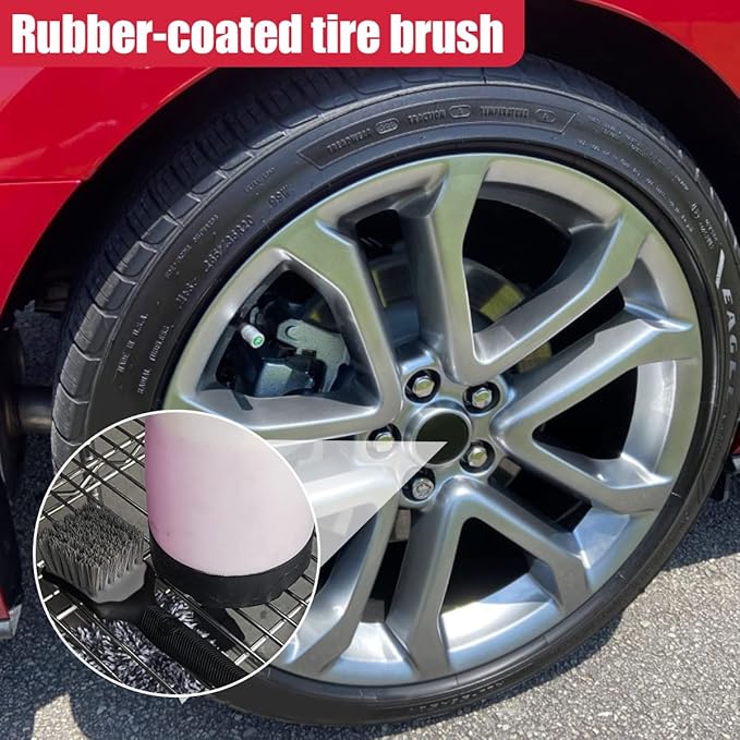 Tire & Wheel Brush for Car Rims - Short Handle Stiff Bristle Auto Detailing Scrub Brush | No Scratch Car Wash Brush Cleaning Tool for Tires, Wheels, Rims, Floor Mats, Carpet, Cars, Home (Red)