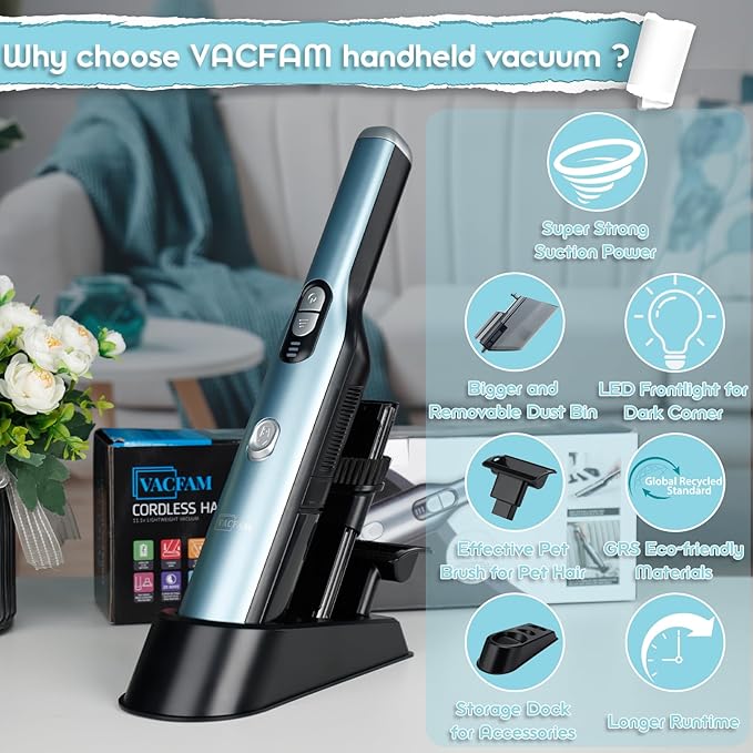 Handheld Cordless Vacuum Cleaner, Portable Car Vacuum with 18KPa Suction Power, Quick-Charge Hand Vac with LED Headlight & Storage Dock for Home Office Desk Keyboards Pet Hair, Blue