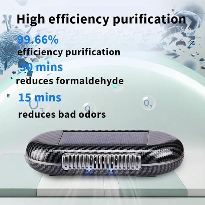Solar-Powered Car Air Purifier with USB Charging & Ozone Odor Elimination - Portable HEPA Filter-Free Ionizer for Pet Odors, VOCs - Compact, Silent, Best for Car Use (8820 carbon fiber)
