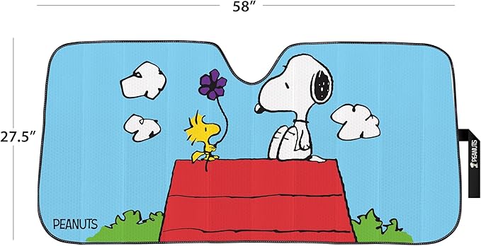 Peanuts Snoopy & Woodstock Auto Sunshade with Little Tree Air Freshener – Universal Fit Windshield Protector for Cars, Trucks & SUVs – Keeps Vehicle Cool & Fresh