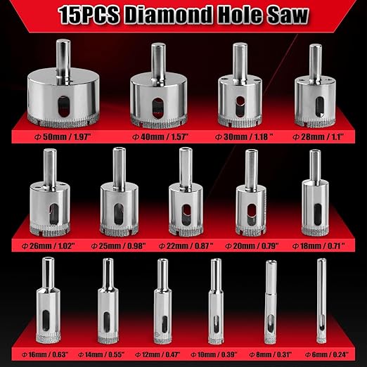 WORKEASE Diamond Tile Drill Bits Set, 17 Pcs with Double Suction Cups Hole Saw Guide Jig, (1/4"-2') for Glass, Ceramic, Marble, Porcelain, Tile Cutting