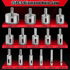 WORKEASE Diamond Tile Drill Bits Set, 17 Pcs with Double Suction Cups Hole Saw Guide Jig, (1/4"-2') for Glass, Ceramic, Marble, Porcelain, Tile Cutting