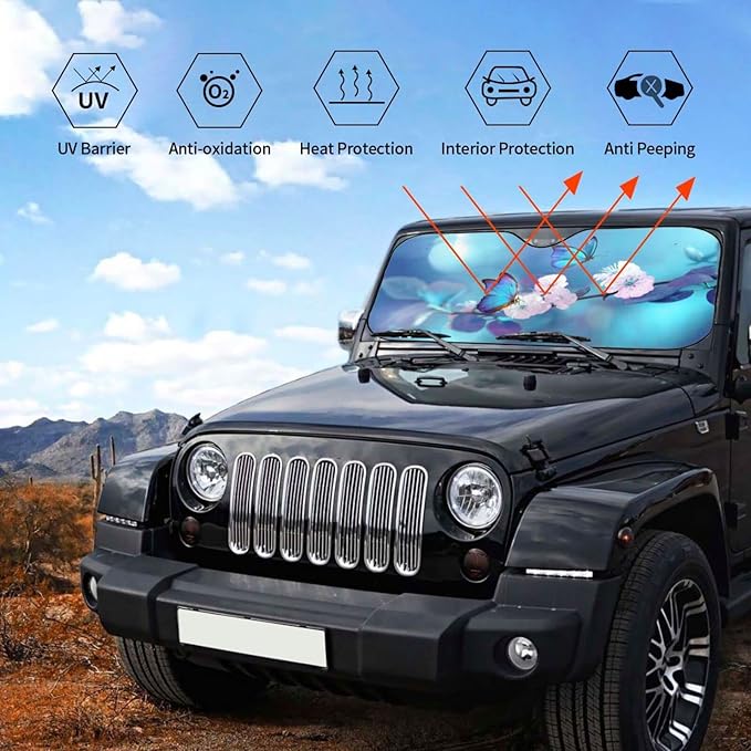 Blue Butterfly Flower Car Windshield Sunshade Front Window Sun Visor Protector Foldable Shield Cover for Truck SUV