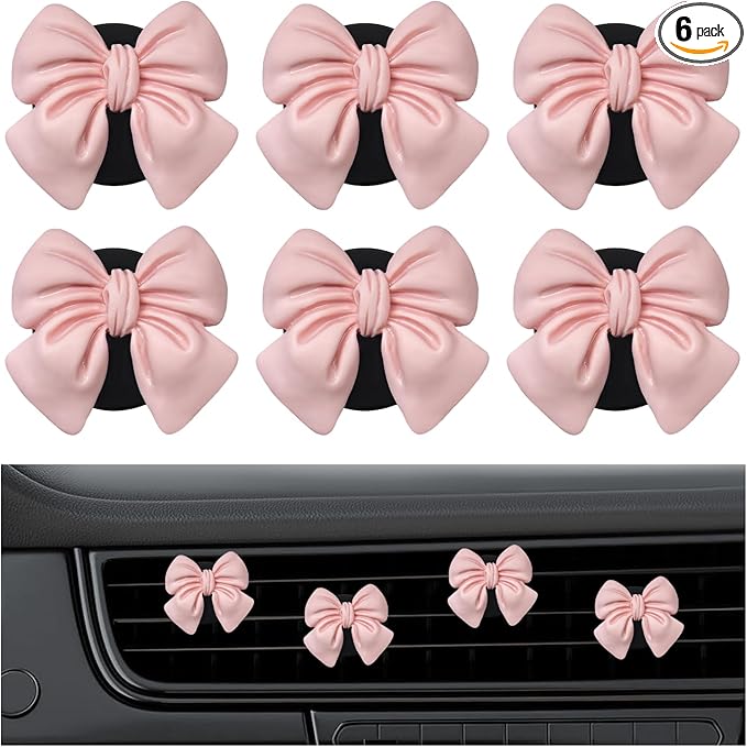 6 PCS Bow Car Air Freshener, Cute Bow Automotive Scent Air Fresheners Vent Clips, Coquette Vehicle Outlet Perfume Diffusers Interior Aesthetic Decorations for Women Girls (Pink)