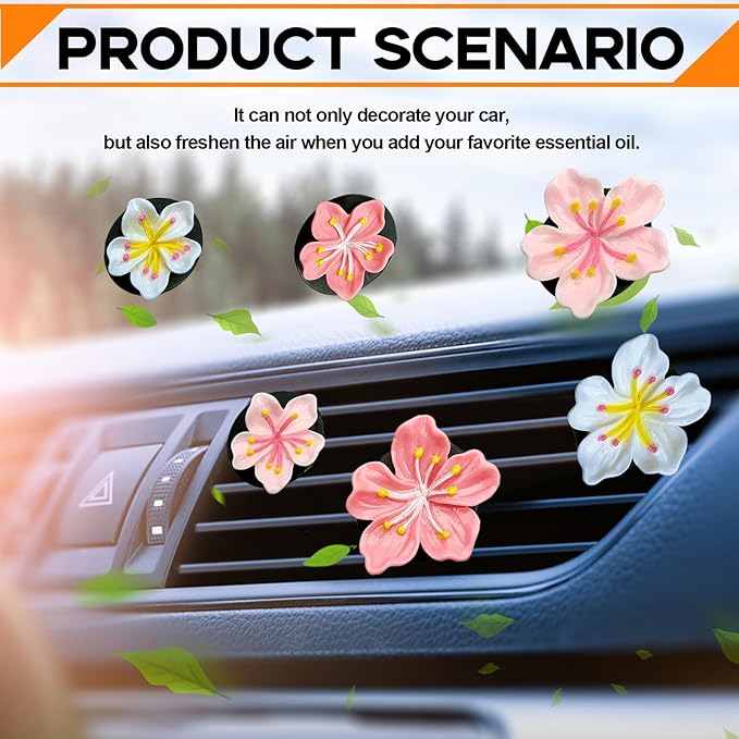 6PCS Flower Vent Clips, Car Air Fresheners Vent Clips, Cherry Blossom Dashboard Decoration, Car Accessories Aesthetic Interior Decor for Women Peach Blossom (No Aromatherapy Tablets)