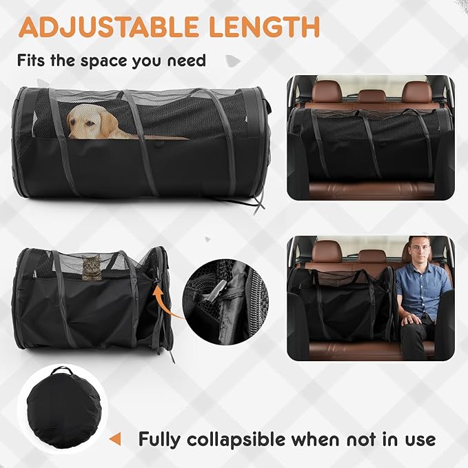 Abbylike Dog Crate for Car, Pet Travel Tube Car Crate Large Kennel, Pet Containment Barrier Mesh Tube with Seat Belt Storage Bag, 47" x 24" Soft Cage for Large Medium Dogs Long Travel Trips