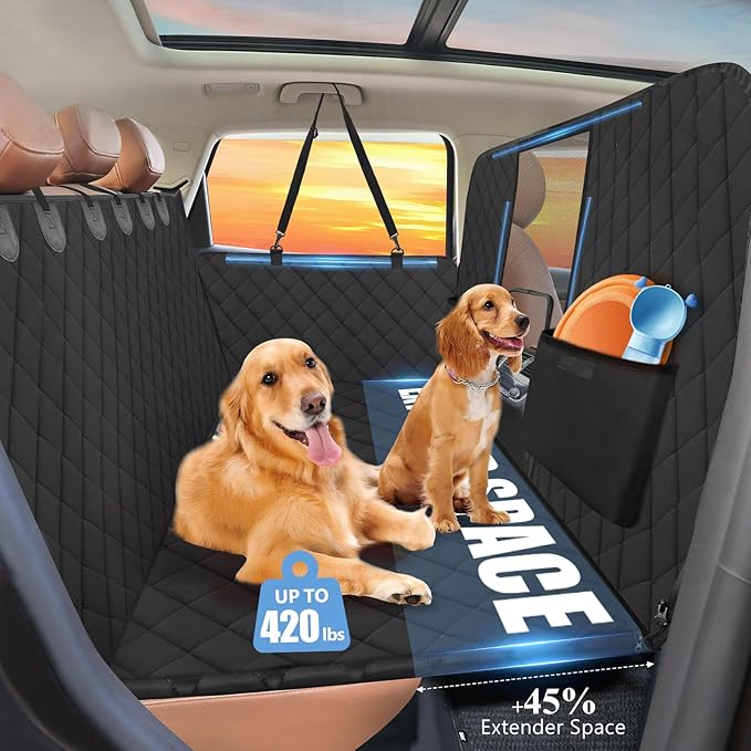 Back Seat Extender for Dogs-Large Space, High Barrier Hard Bottom Dog Car Seat Cover for Back Seat Hold 420lb, Backseat Protector Pet Bed, Waterproof Dog Hammock for Car SUV and Trucks, Black