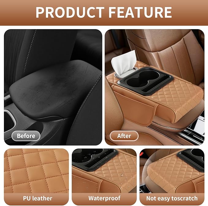 5-in-1 Car Armrest Cushion, Multifunctional PVC Leather Center Console Armrest Pillow Elbow, Universal Arm Box Pad Cover with Cup Holder, Phone Slot, Tissue Box Slot & 2 Storage Bags, Grey
