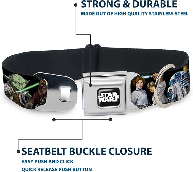 Star Wars Pet Collar, Dog Collar Metal Seatbelt Buckle, Star Wars Classic Character Poses Black, 20 to 31 Inches 1.5 Inch Wide