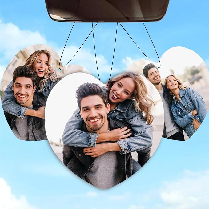 Custom Car Air Freshener - Double Sided Photo Personalized Smell Fresheners With Picture Text for Car Wardrobe Bathroom (Heart - 3 Pics)