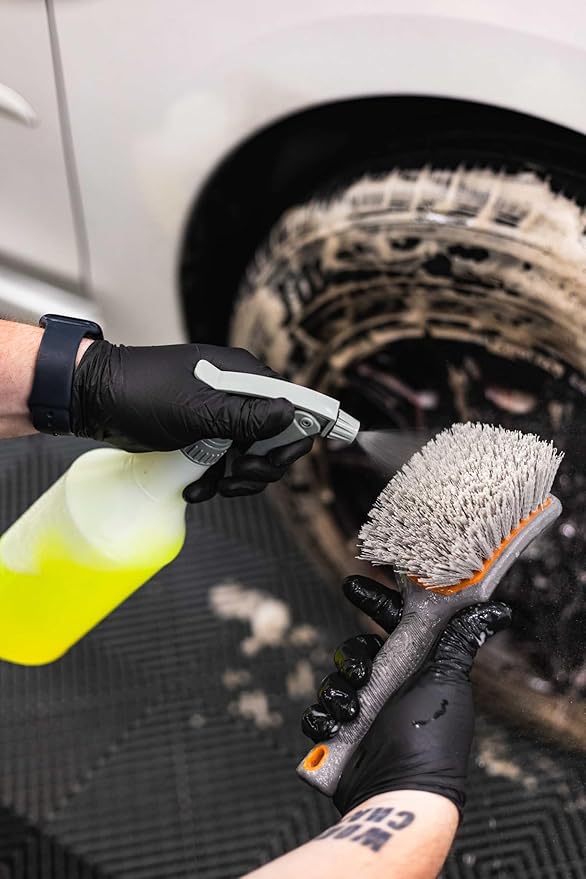 Detail Factory - ProGrip Tire Brush - Ergonomic ProGrip Handle, Stiff Synthetic Bristles, Ergonomic Design, Efficient Tire Brushes for Cleaning Tires - Black Ice