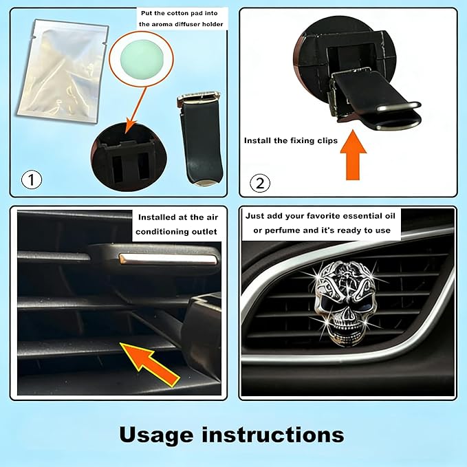 Gothic Skull Car Air Freshener Vent Clips with 2 Pads, Halloween Scented Car Accessories for Men Women, Automotive Interior Decor and Cool Car Fresheners for Men， Spooky Gift Idea-A4