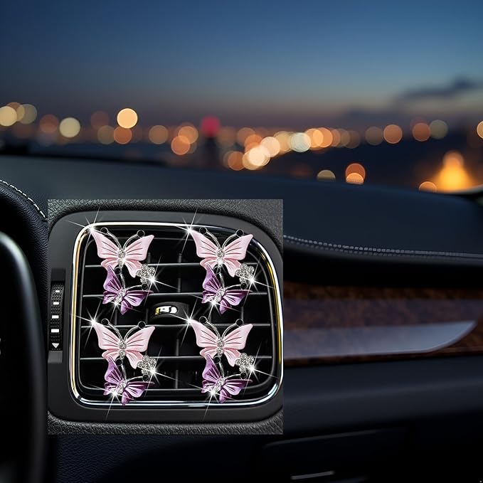 Maitech Car Air Fresheners Vent Clips for Women,4 Pcs Cute Dual Butterfly Diamond Rhinestone Air Freshener Vent Clip Sparkly Bling Car Accessories for Women (Pink)