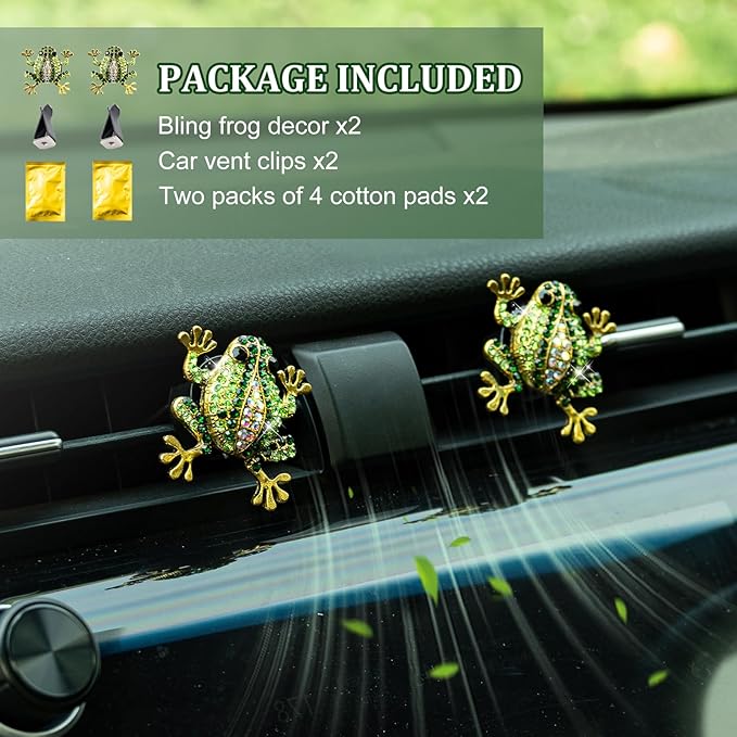 2Pcs Tree Frog Air Freshener Vent Clip, Cute Air Diffuser Clips, Bling Rhinestone Car Outlet Decor, Frog Car Accessories for Women