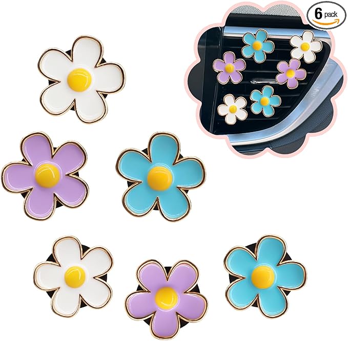 6pcs Flowers Car Decor,Cute Car Air Freshener Vent Clips,Blue White Purple Daisy Flowers Air Vent Clip Accessories for Women,3cm/2.7cm Refillable Daisy Decor Diffuser