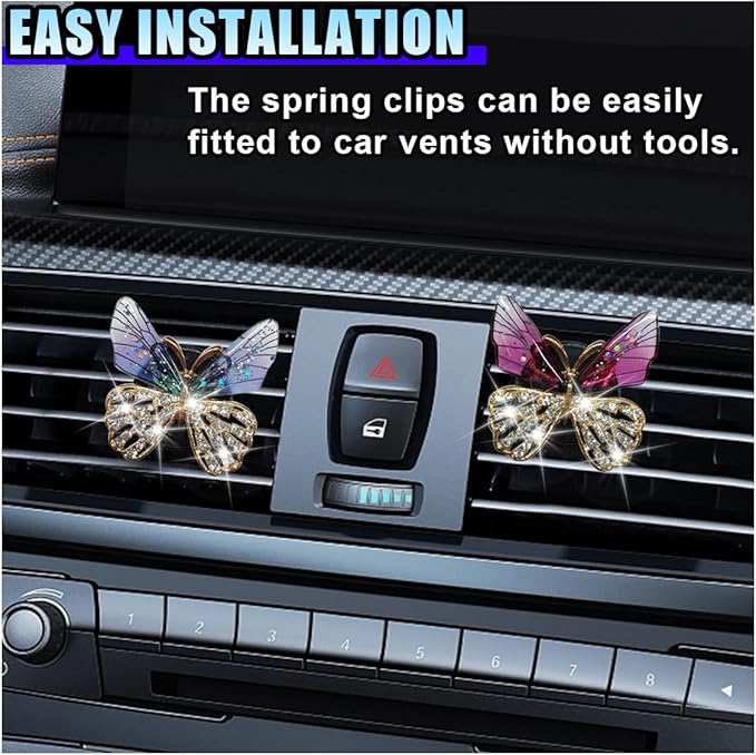 2PCS Bling Butterfly Car Air Vent Clips, Crystal Rhinestone Auto Air Conditioning Outlet Clip, Cute Car Vent Decorative Clip, Auto Interior Decoration Charm for Women (Butterfly)
