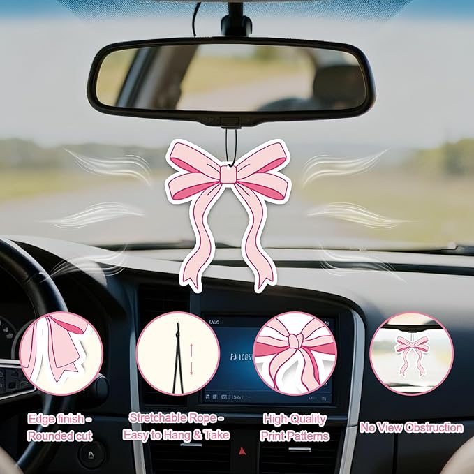 Pink Bow Car Air Fresheners,5-Pack Floral Scents Cute Car Accessories,Funny Hanging Ornament Decor for Rearview Mirror,Long-Lasting Fresh Gifts for Women,Girls,Coworkers,Teacher & Nurse