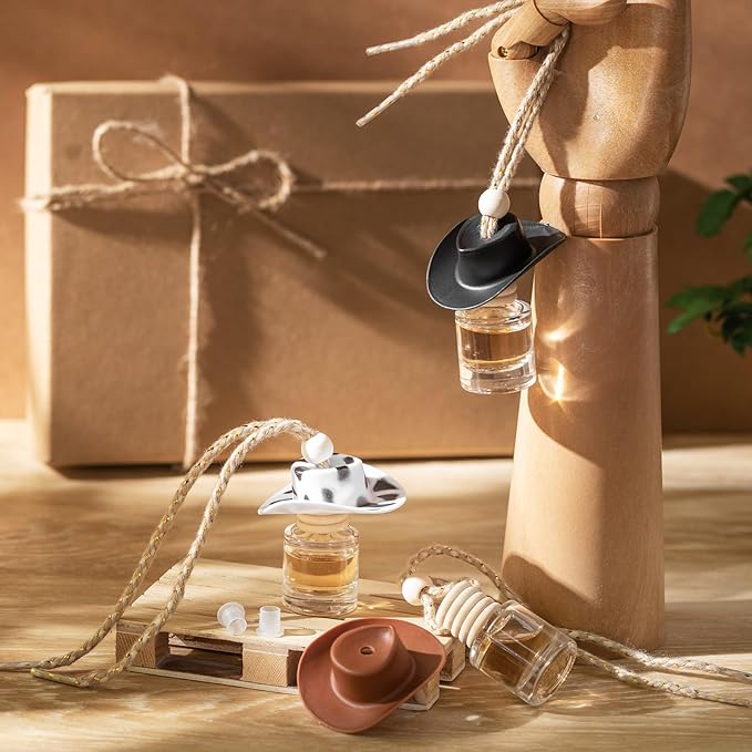 3 Pieces Cowboy Hat Car Air Freshener Hanging Cow Print Diffuser Bottles Western Country Refillable Empty Glass Perfume Bottle Car Interior Rear View Mirror Accessories(Brown, Spots, Black)