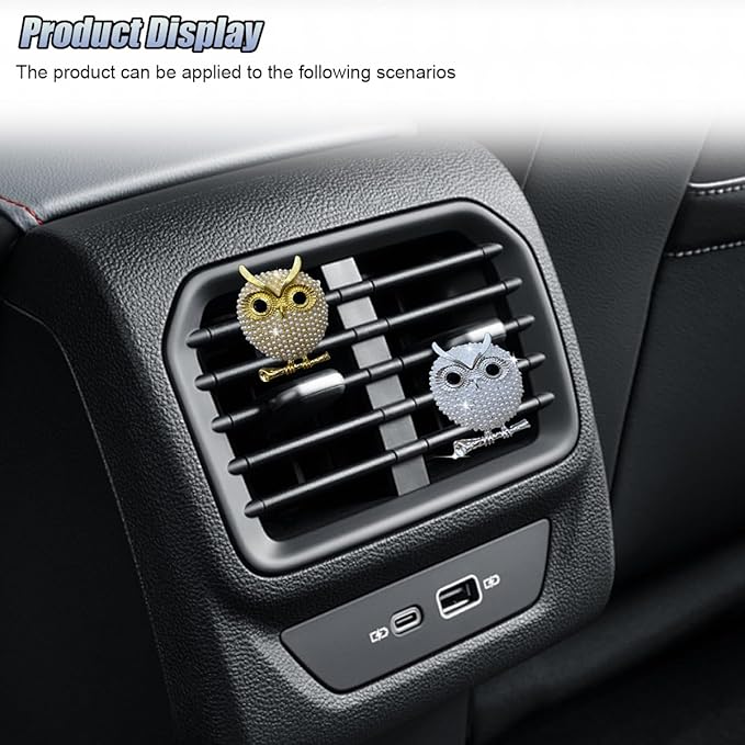 2PCS Bling Flamingo Car Dashboard Air Vent Trim Clips, Crystal Rhinestone Animal Car Air Fresheners Outlet Clip, Cute Automotive Interior Diffuser Decoration Accessories for Women (Owl)