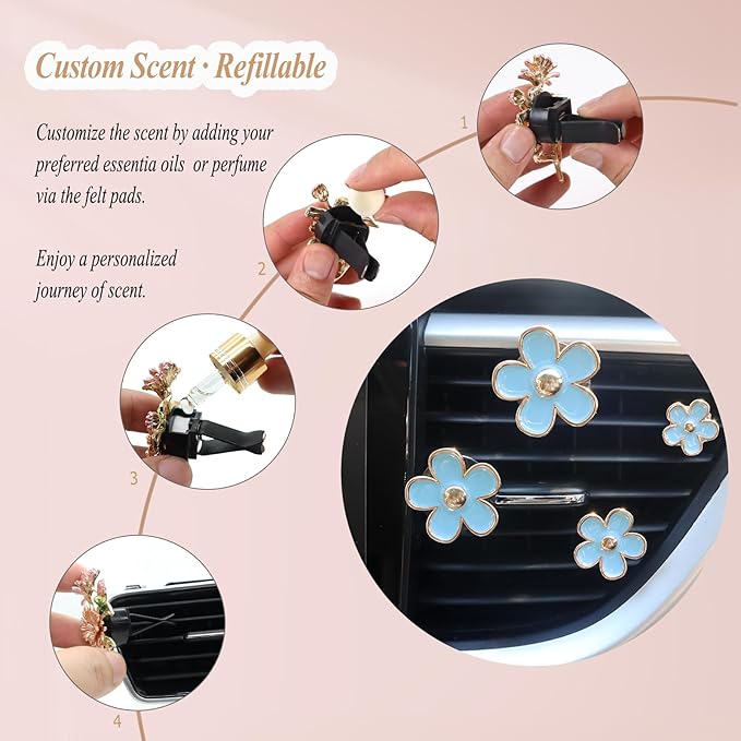 4pcs Flowers Air Vent Clips Car Air Freshener,Girly Flowers Car Accessories for Women,4 Sizes Light Blue Daisy Flower Car Vent Clips Cute Car Decor,Refillable Car Diffuser
