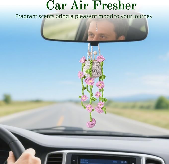 Crochet Car Air Freshener, 8ml Empty Refillable Oil Diffuser Bottle with Hanging Crochet Lightpink Daisies Plant & Hanging Tools, Car Rearview Mirror Diffuser for Wall Art & Home & Office Decoration