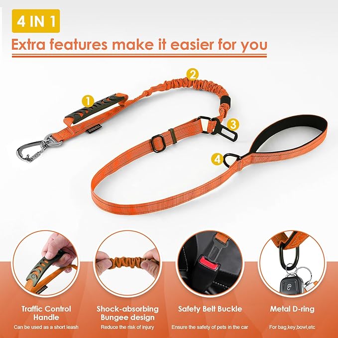 AUBELL Tactical Dog Leash Heavy Duty,4-6ft Reflective Strong No Pull Bungee Leash for Medium Large Dogs with Comfortable Padded Double Handle,Car Seat Belt,360 Degree Rotating Carabiner,Orange